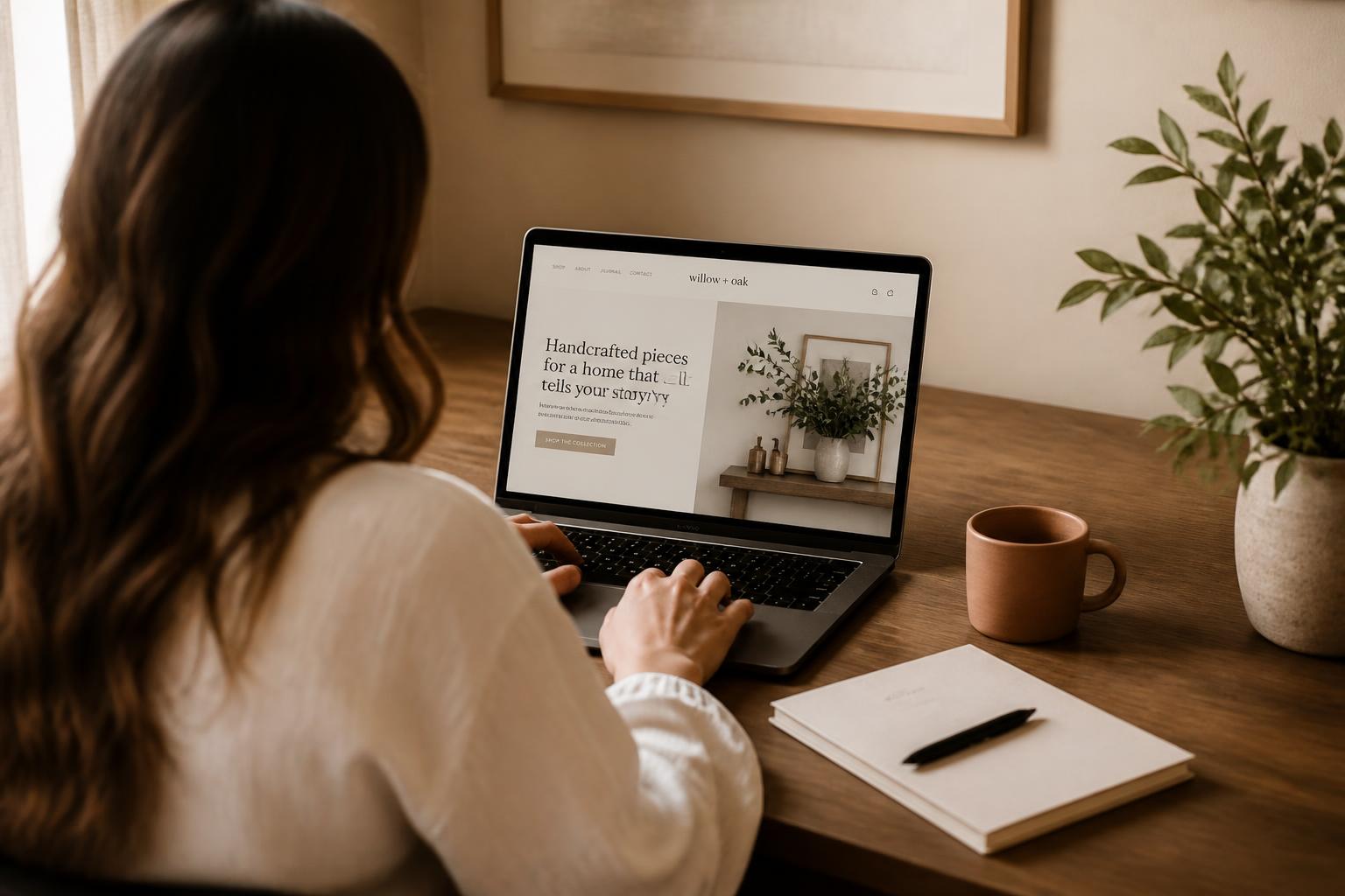 Small business owner designing her website at a warm, modern workspace